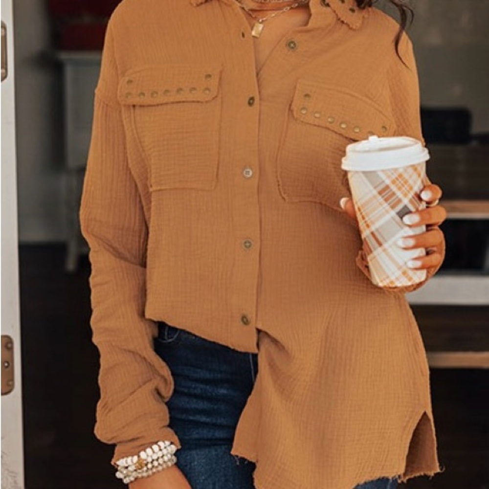 Hem & Thread Studded Button-Up Shirt in Iced Mocha